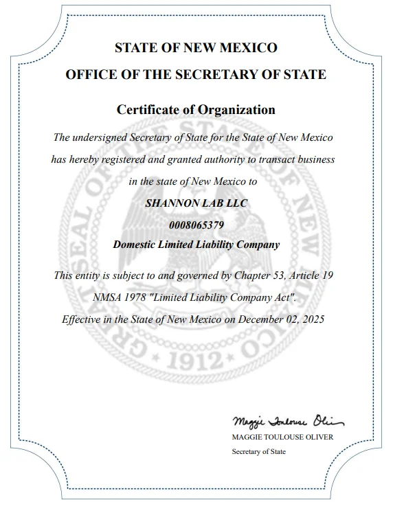Shannon Lab LLC — Certificate of Organization, State of New Mexico